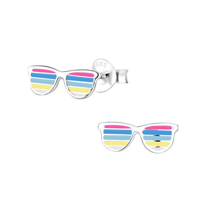 Zilveren kinderoorbellen: Zonnebril roze blauw geel