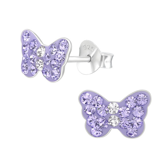 Zilveren kinderoorbellen: Vlinder met paarse kristallen steentjes