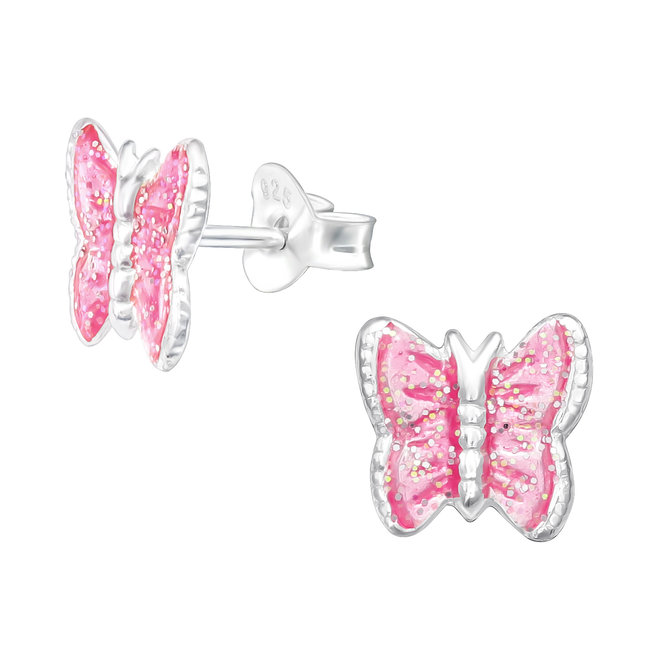 Zilveren kinderoorbellen: Vlinder met roze glitters
