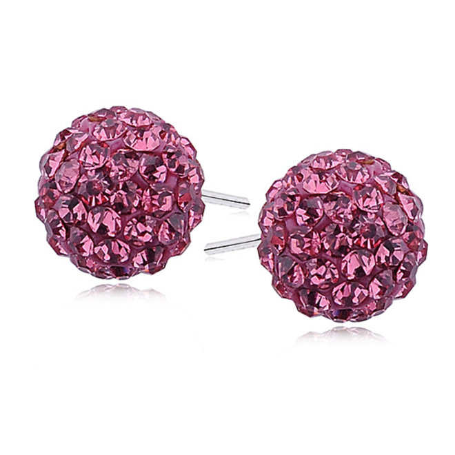 Zilveren oorbellen: Steker met discobal bezet met roze zirkonia steentjes 10 mm