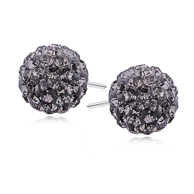 Zilveren oorbellen: Steker met discobal bezet met black diamond zirkonia steentjes 10 mm