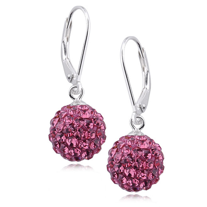 Zilveren oorbellen: Brisure met discobal bezet met roze zirkonia steentjes 10 mm
