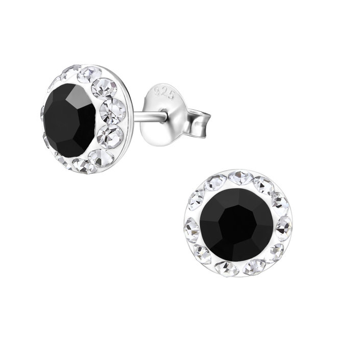 Zilveren oorbellen: Ronde stekers bezet met één grote zwarte en kleine witte steentjes