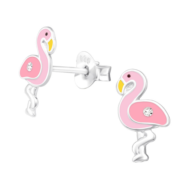 Zilveren kinderoorbellen: Flamingo met 1 kristallen steentje