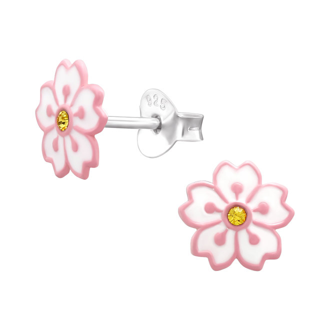 Zilveren kinderoorbellen: Prachtige roze met witte bloem