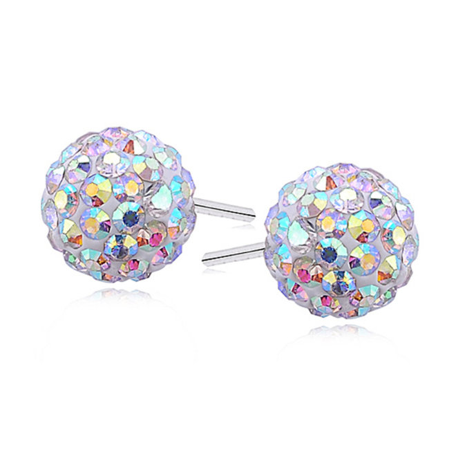 Zilveren oorbellen: Steker met discobal bezet met rainbow zirkonia steentjes 8 mm