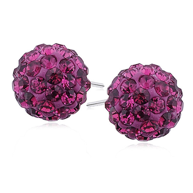 Zilveren oorbellen: Discobal bezet met fuchsia zirkonia steentjes 12 mm