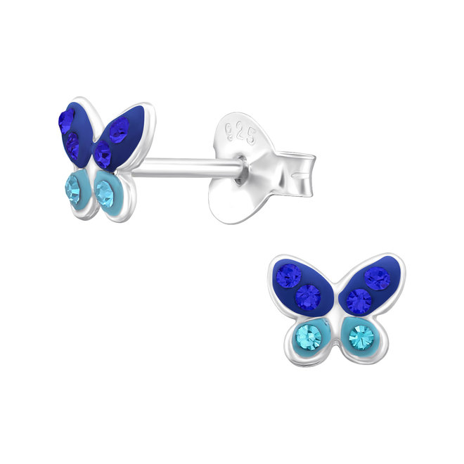 Zilveren kinderoorbellen: Vlinder met kristallen steentjes blauw