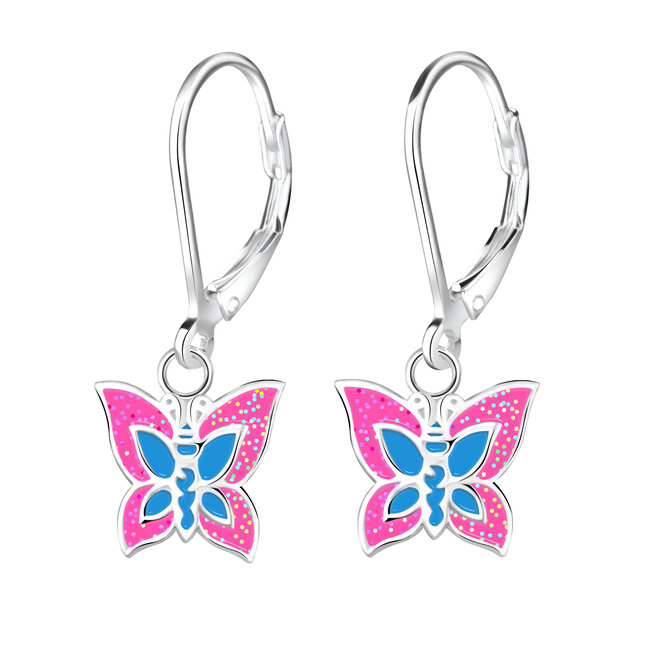 Zilveren oorbellen: Prachtige kleurrijke vlinder  roze-blauw - brisure