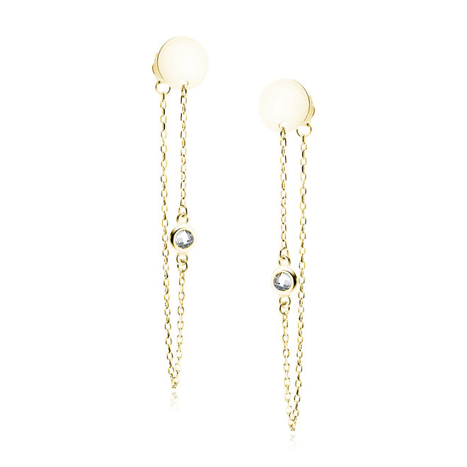Zilveren oorbellen gold plated 14K: Hangers met ketting en zirkonia steentje
