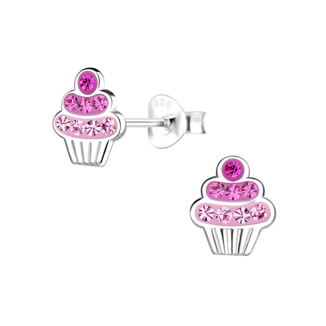 Zilveren kinderoorbellen: Cupcake met roze steentjes