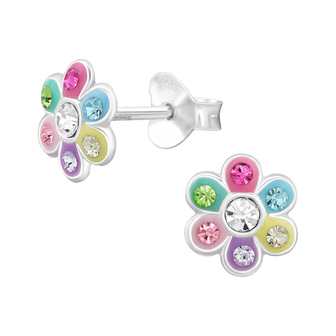 Zilveren kinderoorbellen: Bloem met gekleurde kristallen steentjes