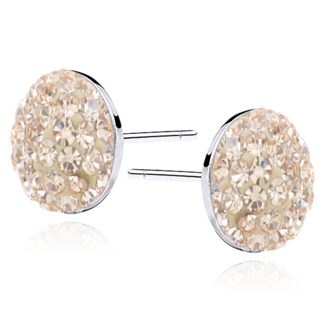 Zilveren oorbellen: Steker met halve discobal bezet met peach zirkonia steentjes 10 mm