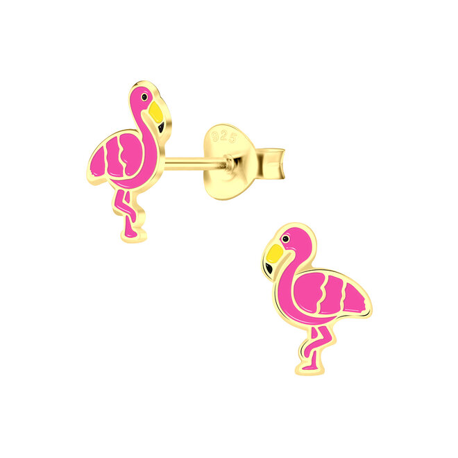 Zilveren, gold plated oorbellen: stekers met flamingo