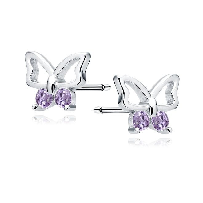 Zilveren oorbellen: Vlinders met zirkonia steentjes violet