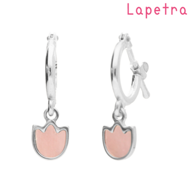 Zilveren oorbellen: Creool met roze tulp in parelmoer