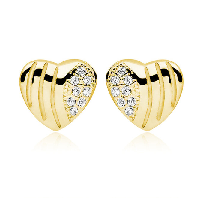 Zilveren, gold plated oorbellen: Hartje met zirkonia steentjes