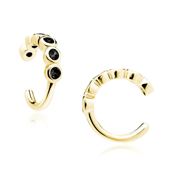 Zilveren ear-cuff gold plated: Ear-cuff met zwarte zirkonia steentjes