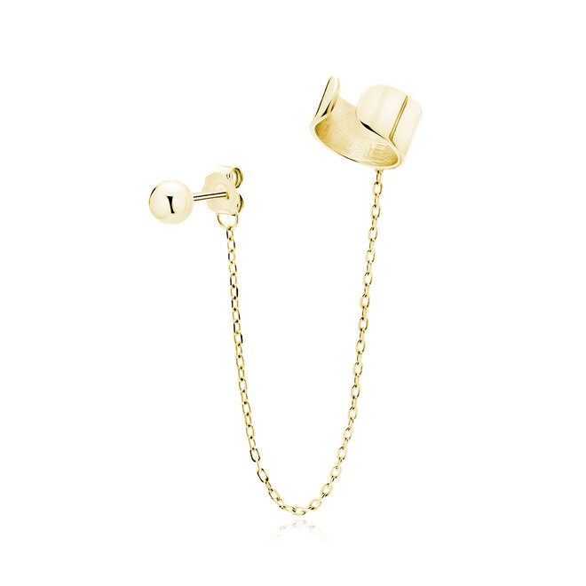 Zilveren oorbel met ear-cuff - gold plated: Ear-cuff verbonden met oorbel door ketting