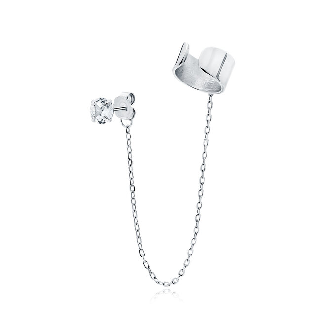 Zilveren oorbel met ear-cuff: Ear-cuff verbonden met stud oorbel door ketting