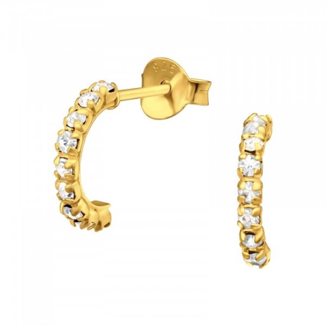 Zilveren oorbellen, gold plated: Halve creool bezet met kristallen steentjes