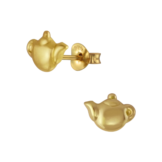 Goudkleurige oorstekers van zilver - theepot – speels en fijn verguld