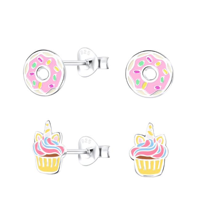 Zilveren Sweets Oorstekerset – Cupcake & Donut