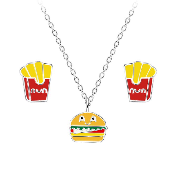 Zilveren Foodlover Set met Hamburger & Frietjes – 925 Sterling Zilver