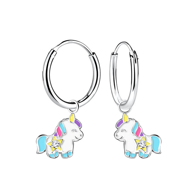 Lachende zilveren Eenhoorn Hoops met Kristal – 925 Sterling Zilver
