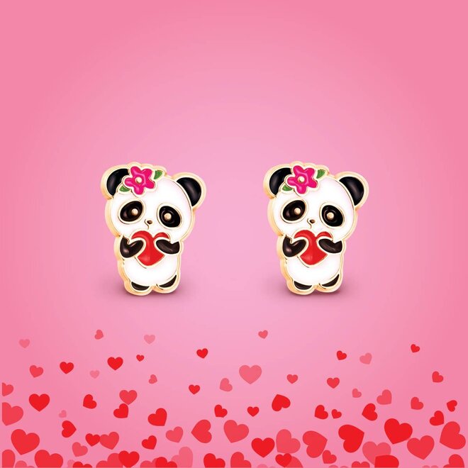Schattige panda-oorstekers van Girl Nation met hartjes, handbeschilderd en hypoallergeen.