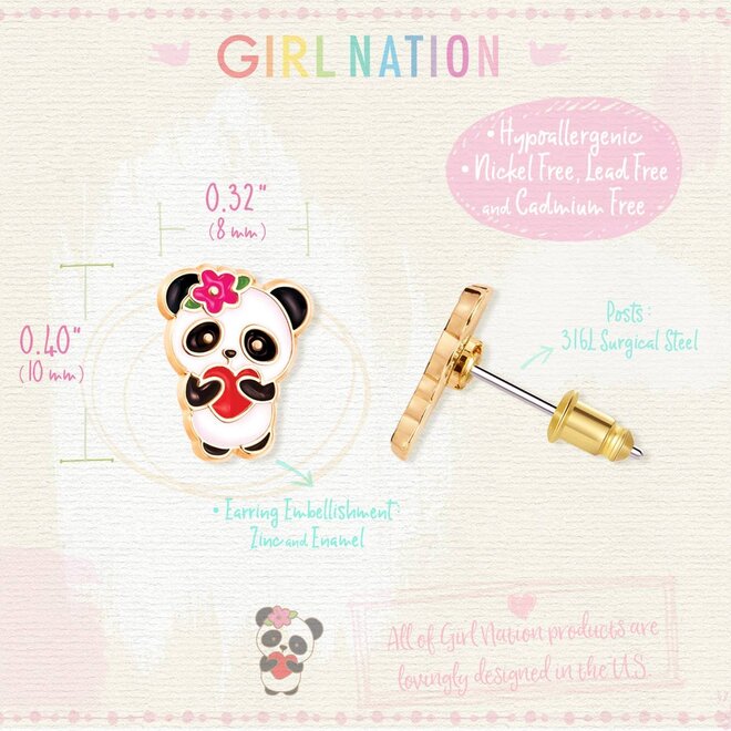 Schattige panda-oorstekers van Girl Nation met hartjes, handbeschilderd en hypoallergeen.