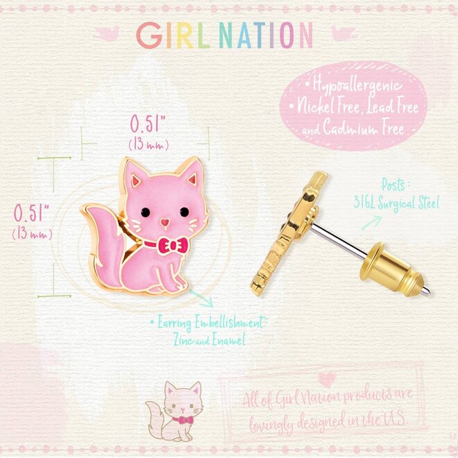 Roze kat-oorstekers van Girl Nation in handbeschilderde emaille met 316L stekers.