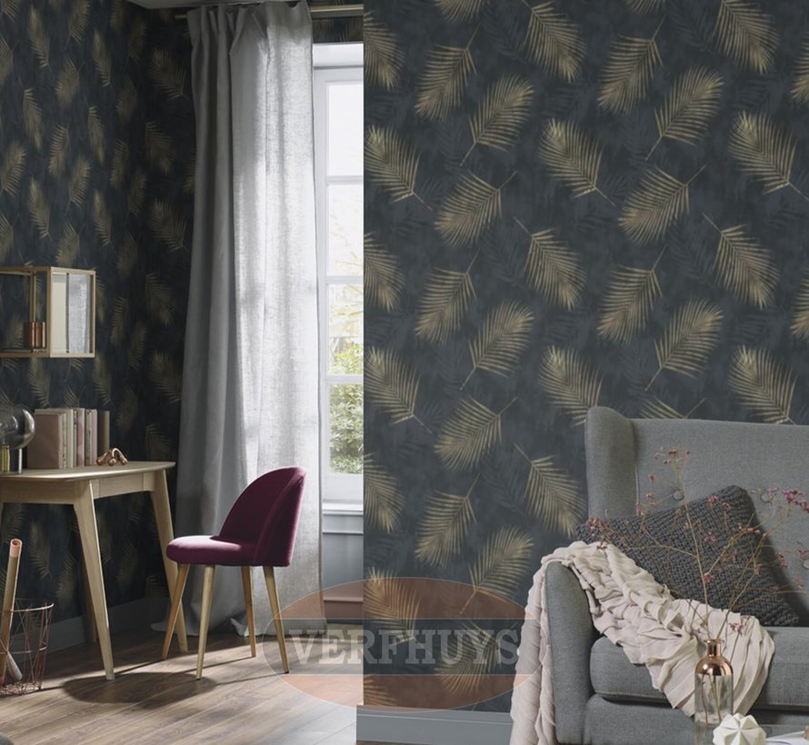 Fashion for Walls behang - Zwart met gouden palmblaadjes