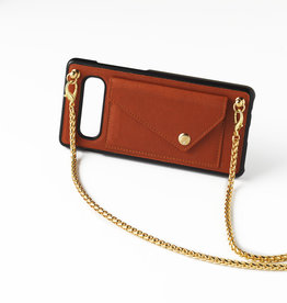 Bruine telefoonclutch met lange goudkleurige ketting