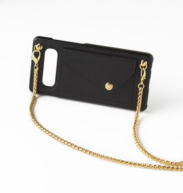 Zwarte telefoonclutch met lange goudkleurige ketting