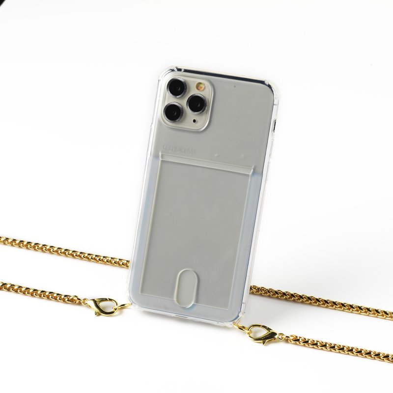 Transparent case with card holder and gold colored chain