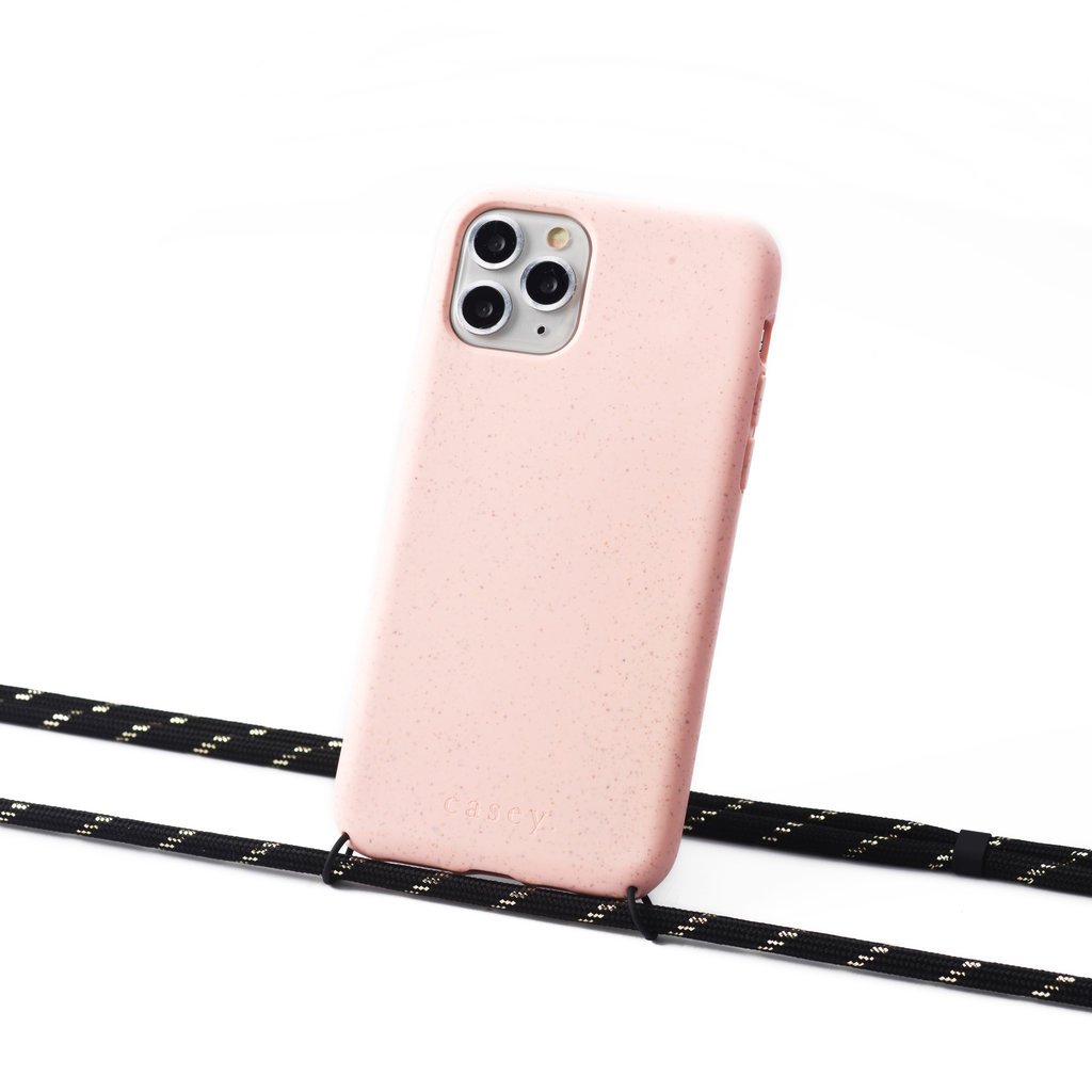 Duurzame telefoontas roze met koord (black and gold)