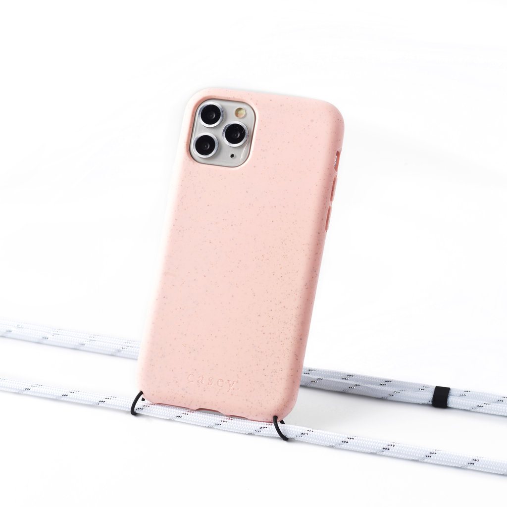 Duurzame telefoontas roze met koord (white silver stripes)