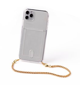 Transparent case with card holder and short gold colored chain