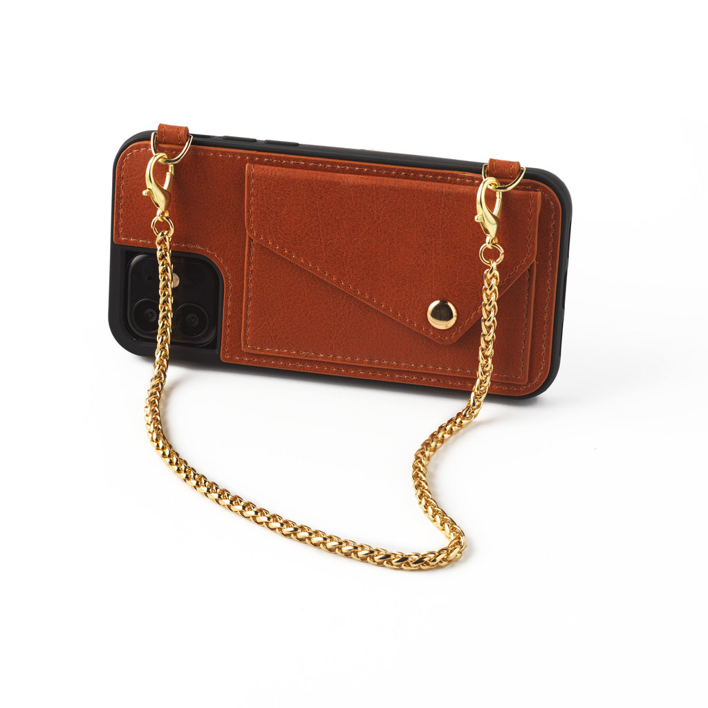 Brown crossbody phoneclutch with short chain