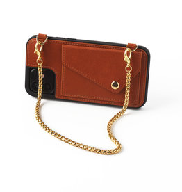 Bruine telefoonclutch met korte goudkleurige ketting