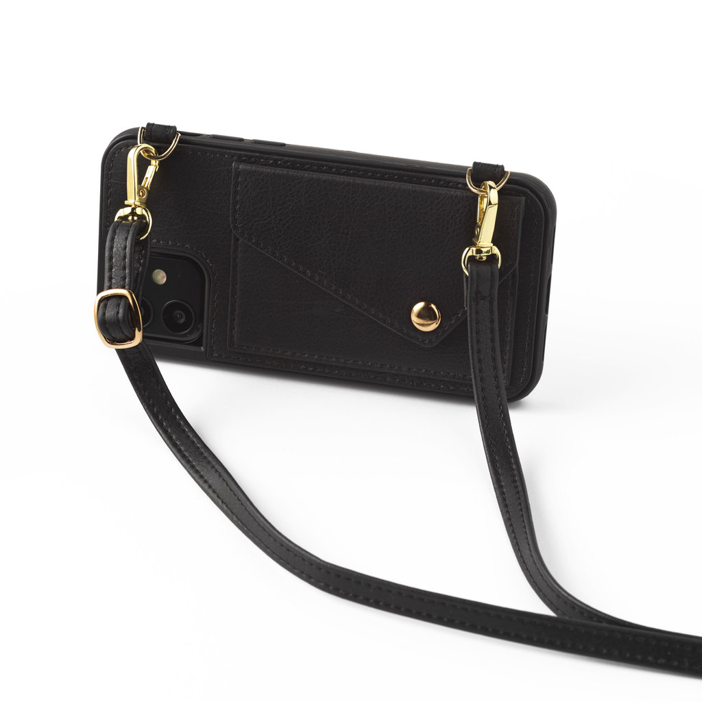 Zwarte telefoonclutch met leren band én gouden ketting