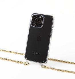 Transparante telefoontas met oortjes en lange gouden ketting