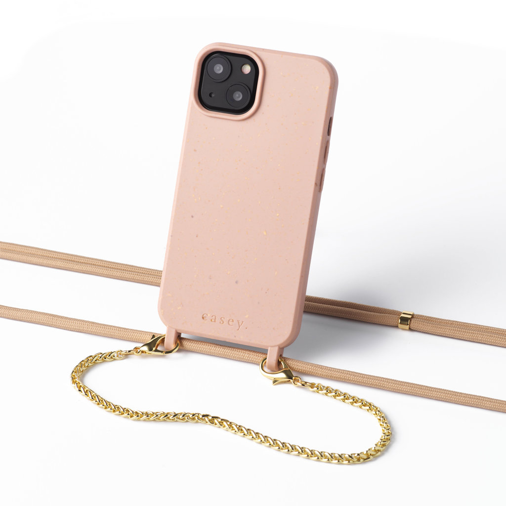 Duurzame nude telefoontas met koord (khaki) en gouden ketting