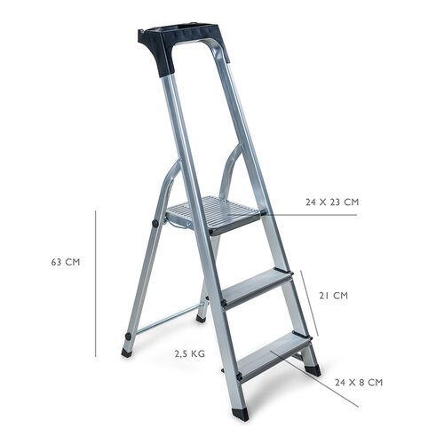 Household stepladder - Kitchen stepladder 3 treads - Aluminium - for private and professional use