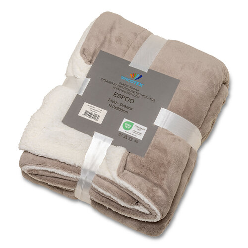 Wicotex Plaid blanket- Espoo taupe. Coral fleece with sherpa soft inside 150x200cm