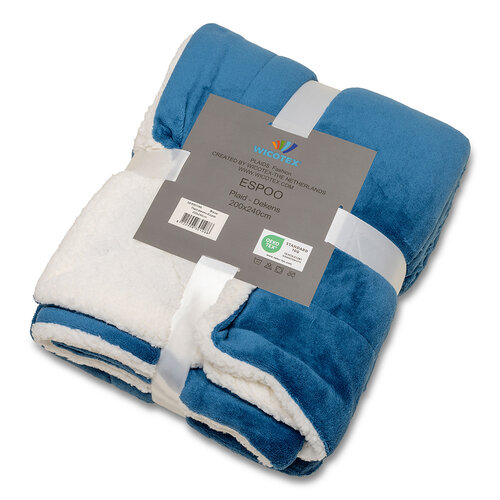 Wicotex Karierte Decke - Espoo blau. Koralle Fleece mit Sherpa weich innen 200x240cm