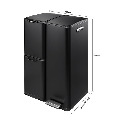 Poubelle Tobey 60litre Séparation des déchets 3 compartiments (13x17x30L) Noir