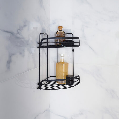 Shower rack 2-layer corner metal with 2 suction cups black