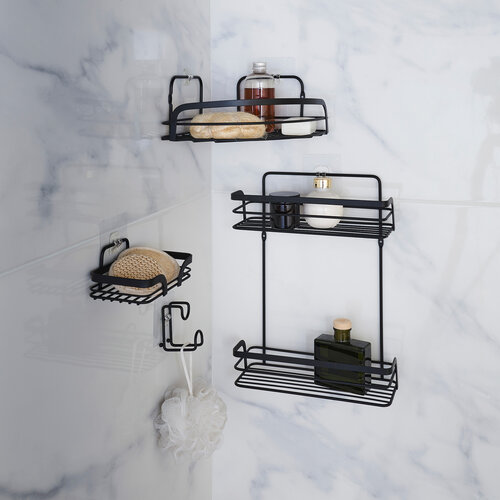 Shower rack 2-layer corner metal with 2 suction cups black